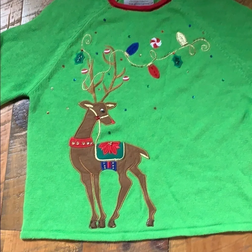 Tiara International Christmas reindeer sweater Green Size Medium